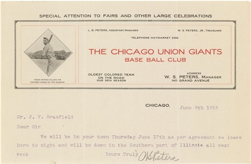 1915 W. S. Peters Signed Typed Letter on Chicago Union Giants Base Ball Club Letterhead (JSA)